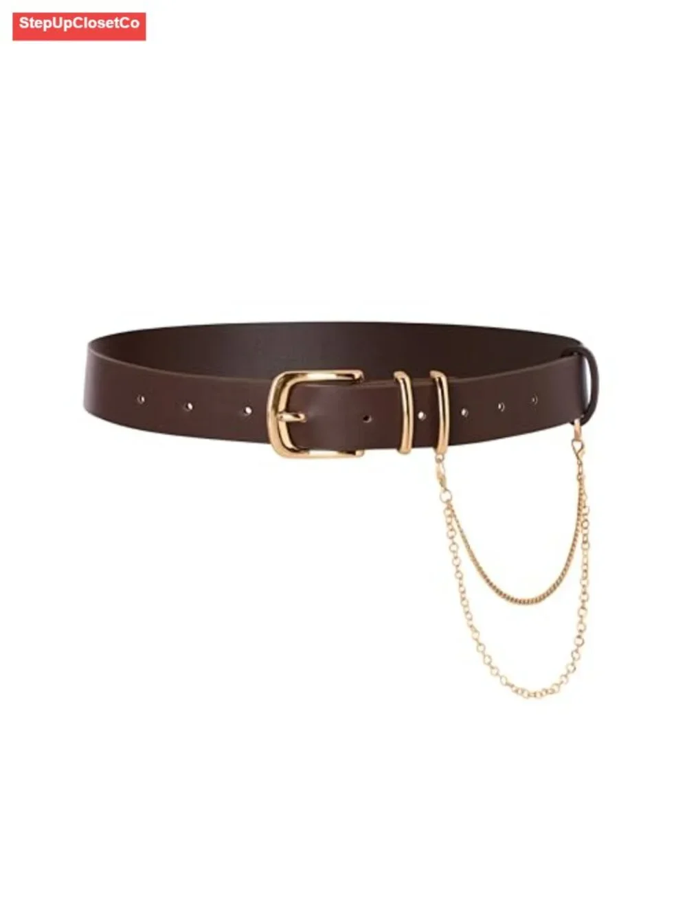 Women's Faux Leather Waist Belt with Detachable Gold Chain Vintage Buckle